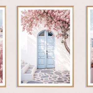 Santorini Door Print (P), Greek Door Poster, Greek Coast, Mediterranean, Greek Style Picture, White Architecture, Pretty Door, Pink Blossom
