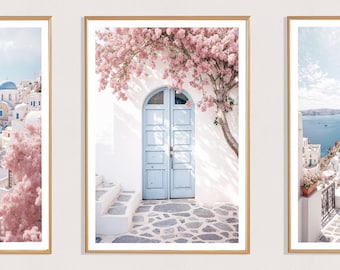 Santorini Door Print (P), Greek Door Poster, Greek Coast, Mediterranean, Greek Style Picture, White Architecture, Pretty Door, Pink Blossom