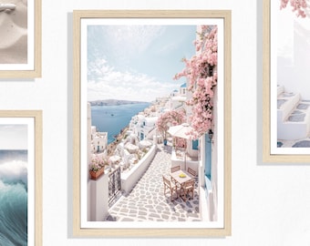 Santorini Street Print (P), Greek Poster, Santorini Coast Picture, Greek Decor, White Architecture, Blue Rooftops, Pink Floral, Greece