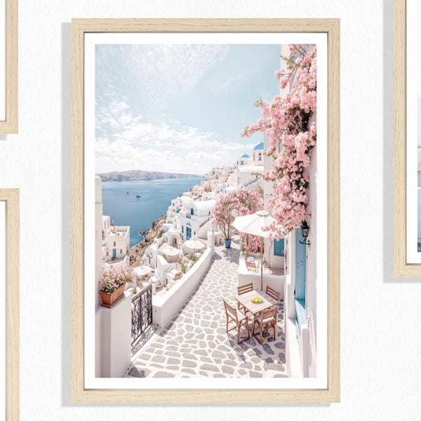 Lámina de calle de Santorini (P), póster griego, imagen de la costa de Santorini, decoración griega, arquitectura blanca, tejados azules, flores rosas, Grecia