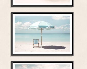 Umbrella Print (L), Coastal Beach Umbrella, Shore Scene, Soft Summer Landscape, Calm Seaside View, Natural Coastal Decor, Stylish Poster