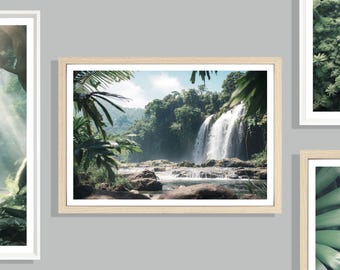 Tropical Waterfall Print: Jungle Forest Artwork
