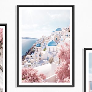Santorini Landscape Print (P), Santorini Poster, Greek Coast, Mediterranean Coast, Greek Scenery, White Houses, Blue Dome Roof, Pink Blossom