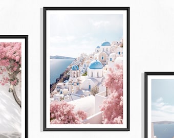 Santorini Landschaftsdruck (P), Santorini Poster, Küste Griechenlands, Mittelmeerküste, griechische Landschaft, weiße Häuser, blaues Kuppeldach, rosa Blüte
