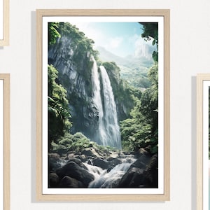 Wasserfall-Druck (P), Wasserfall-Poster, tropisches Bild, Dschungel-Wandkunst, tropischer Wald-Druck, Dschungel-Themen-Dekor, tropische Kunst, Natur
