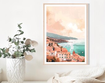 Impression coucher de soleil méditerranéen : oeuvre d'art abstraite paysage urbain côtier