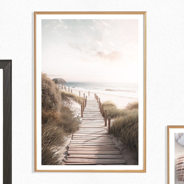 Impression de chemin de plage (P), promenade de plage, dunes, rivage, vue côtière, plage d'été, soleil, mer, sable, nature, affiche de plage, calme, beige, vert