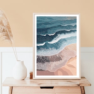 Impresión de olas de playa, obras de arte de playa, cartel de playa, imagen de olas, costera, costa, orilla del mar, arte abstracto, arte de la pared del mar, imagen azul rosa