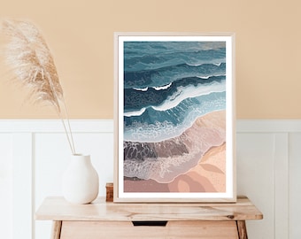Beach Waves Print, Beach Artwork, Beach Poster, Waves Picture, Coastal, Shoreline, Seashore, Abstract Art, Sea Wall Art, Pink Blue Picture