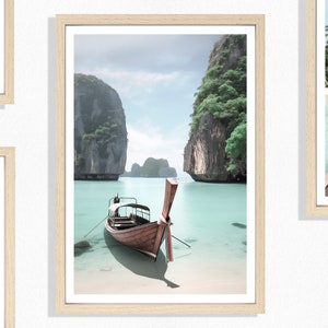 Fishing Boat Print (P), Thailand Beach Picture, Bali Poster, Water Beach, Paradise Beach, Fishing Boat, Limestone Cliffs, Tropical Shoreline