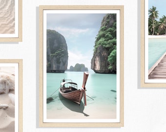 Fishing Boat Print (P), Thailand Beach Picture, Bali Poster, Water Beach, Paradise Beach, Fishing Boat, Limestone Cliffs, Tropical Shoreline