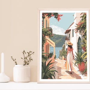 mediterranen Frau Druck 02, Mediterrane Frau, Frau Druck, Boho Dekor, weiße Gebäude, botanisches Poster, Blumen, Hübsches Mädchen, Pastelle