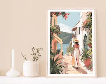 Stampa artistica di donna mediterranea, decorazione floreale boho