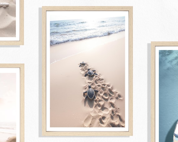 Baby Turtles Print (P), Beach Turtle Poster, Towards The Ocean, Cute Animal Print, Nature, Beach Poster, Calm, Beige, Golden Sand, Shoreline