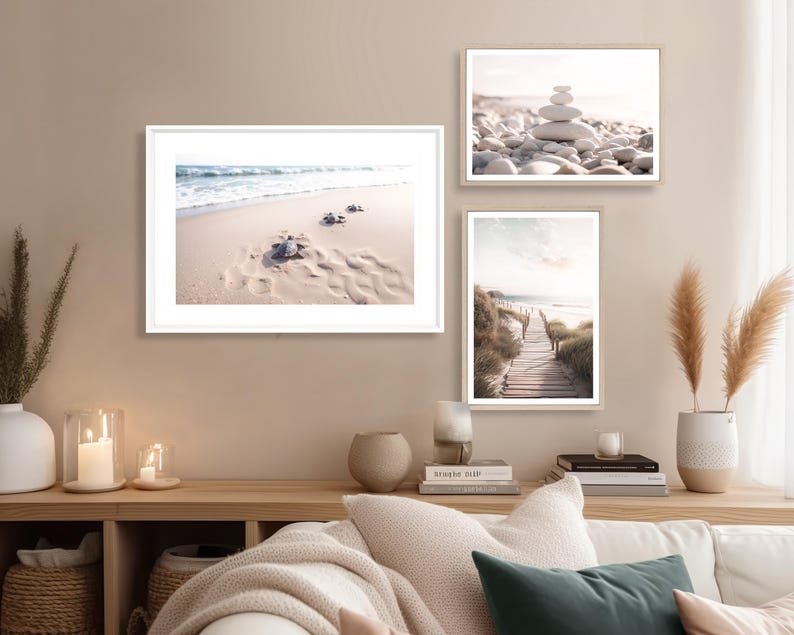 Baby Turtles Print (L), Beach Turtle Poster, Towards The Ocean, Cute Animal Print, Nature, Beach Poster, Calm, Beige, Golden Sand, Shoreline image 2