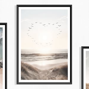 Stampa Birds Love (P), Poster di uccelli da spiaggia, a forma di cuore, Alba sulla spiaggia, litorale, vista costiera, estate, sole, mare, sabbia, natura, toni naturali