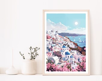 Santorini Landscape Print, Santorini Picture, Greek Picture, Mediterranean Art, Pink Floral, Sea Print, Greek Coast, White Buildings, Greece
