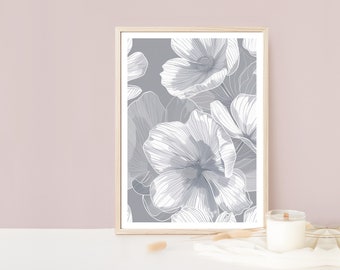 Grey Flower Print, Floral Poster, Natural Wall Art, Botanical Decor, Grey White Print, Modern Home Art, Pretty, Plant, Minimalistic Style