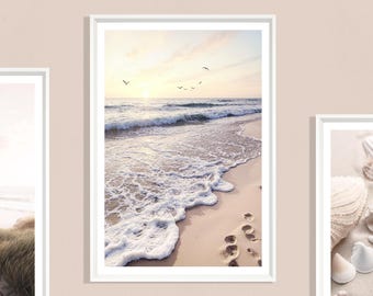 Beach Sunrise Art Print, Coastal Golden Horizon, Nature Seascape