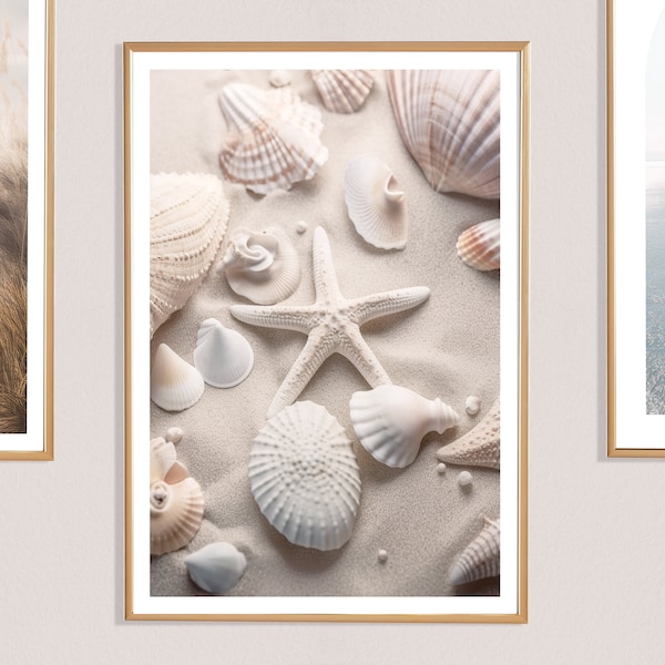 Starfish Shells Print (P), Beach Wall Art, Sand, Seashells, Coastal, Zen, Sea, Shore, Natural Decor, Calm, Neutral Tones, White, Nature