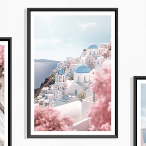 Impresión de paisaje de Santorini (P), cartel de Santorini, costa griega, costa mediterránea, paisaje griego, casas blancas, techo de cúpula azul, flor rosa