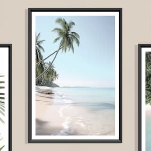 Palm Tree Beach Print (P), Cartel de playa tropical, Imagen de playa exótica, Costa tropical, Arena, Océano azul, Palmeras, Vista a la playa, Orilla del mar