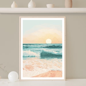 Beach Sunset Print, Sunset Poster, Beach Wall Art, Coastal Decor, Sand Print, Abstract Style, Shoreline, Waves, Sun, Horizon, Warm Tones