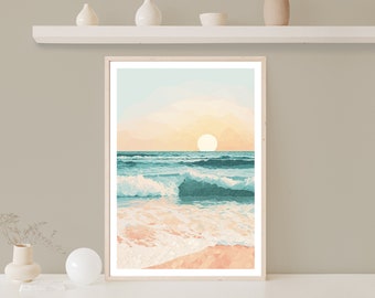Beach Sunset Print, Sunset Poster, Beach Wall Art, Coastal Decor, Sand Print, Abstract Style, Shoreline, Waves, Sun, Horizon, Warm Tones
