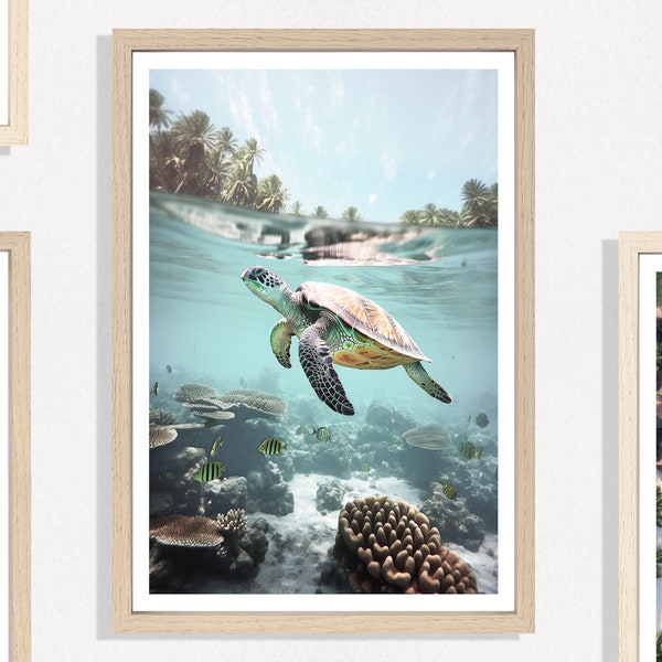 Schildpad print (P), schildpad foto, onderwater schildpad poster, onderwater Sealife, dierenprints, tropisch thema, Sealife poster, koraalrif