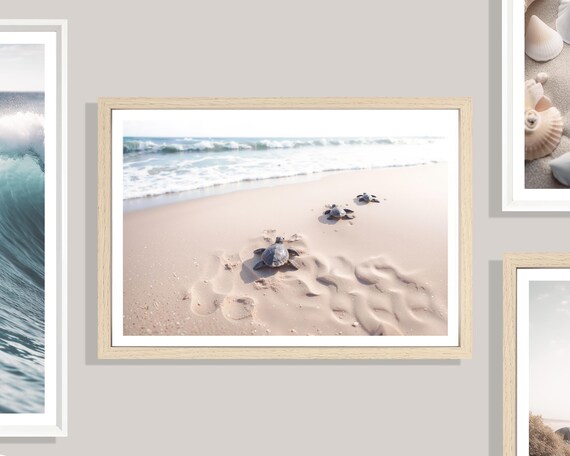 Baby Turtles Print (L), Beach Turtle Poster, Towards The Ocean, Cute Animal Print, Nature, Beach Poster, Calm, Beige, Golden Sand, Shoreline