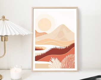 Boho Landscape Print, Abstract Mountain Poster, Boho Artwork, Terracotta, Beige, Landscape Wall Art, Natural Home Interior, Minimalist Decor