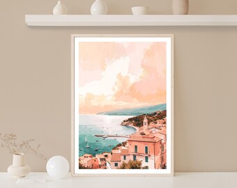 Impression coucher de soleil méditerranéen, art mural côtier, décoration bohème