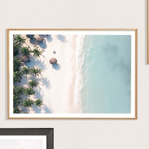 Impresión aérea de playa tropical (L), Imagen de arena de playa, Cartel de la costa, Decoración de la playa, Palmeras, Paraíso, Costa tropical, Cartel del mar de arena