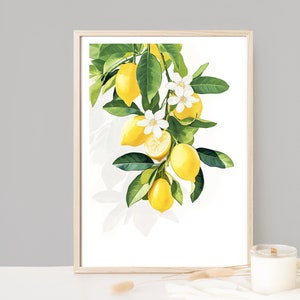 Stampa di limoni, Quadro di limoni da appendere, Stampa di piante, Foglie verdi, Arte di frutta colorata, Decorazione botanica, Acquerello, Stampa da cucina, Giallo
