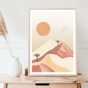 Boho Desert Print, Desert Poster, Desert Wall Art, Sand Dunes, Orange Sun, Desert Landscape, Boho Decor, Minimalistic Style, Beige Picture