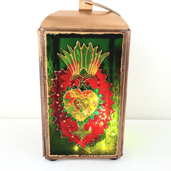 Photophore, peinture sur verre, ex-voto, Mexique, porte-bonheur, symbole, coeur, coloré, laiton, bougie, décoration, jardin, lumière