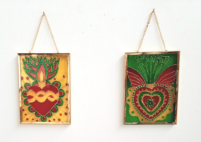 Painting, Mexico, ex-voto, heart, symbol, lucky charm, painting on glass, colored, frame, golden, decoration, handmade image 10