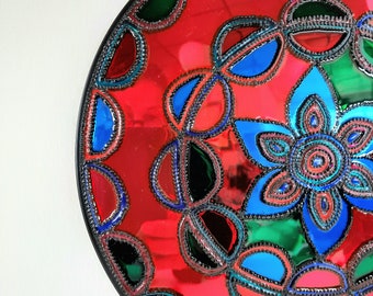 Table, mirror, mandala, rosette, painting on glass, handmade, flower, colorful, unique piece, symbol, peace, decoration