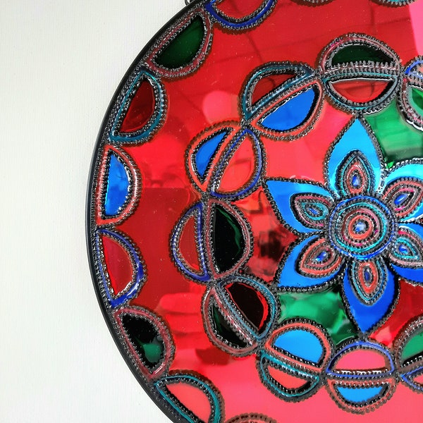 Tableau, miroir, mandala, rosace, peinture sur verre, fait main, fleur, coloré, pièce unique, symbole, paix, décoration