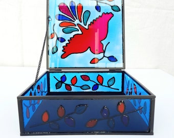 Jewelry box, jewelry, glass box, glass painting, stained glass, decorative object, bird, peace symbol, handmade, gift, colorful