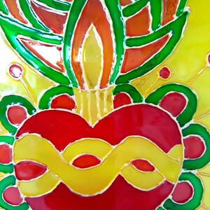 Painting, Mexico, ex-voto, heart, symbol, lucky charm, painting on glass, colored, frame, golden, decoration, handmade image 4