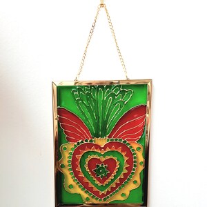 Painting, Mexico, ex-voto, heart, symbol, lucky charm, painting on glass, colored, frame, golden, decoration, handmade ex-voto fond vert