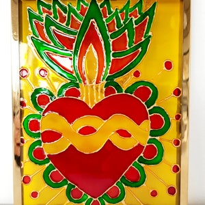 Painting, Mexico, ex-voto, heart, symbol, lucky charm, painting on glass, colored, frame, golden, decoration, handmade image 3