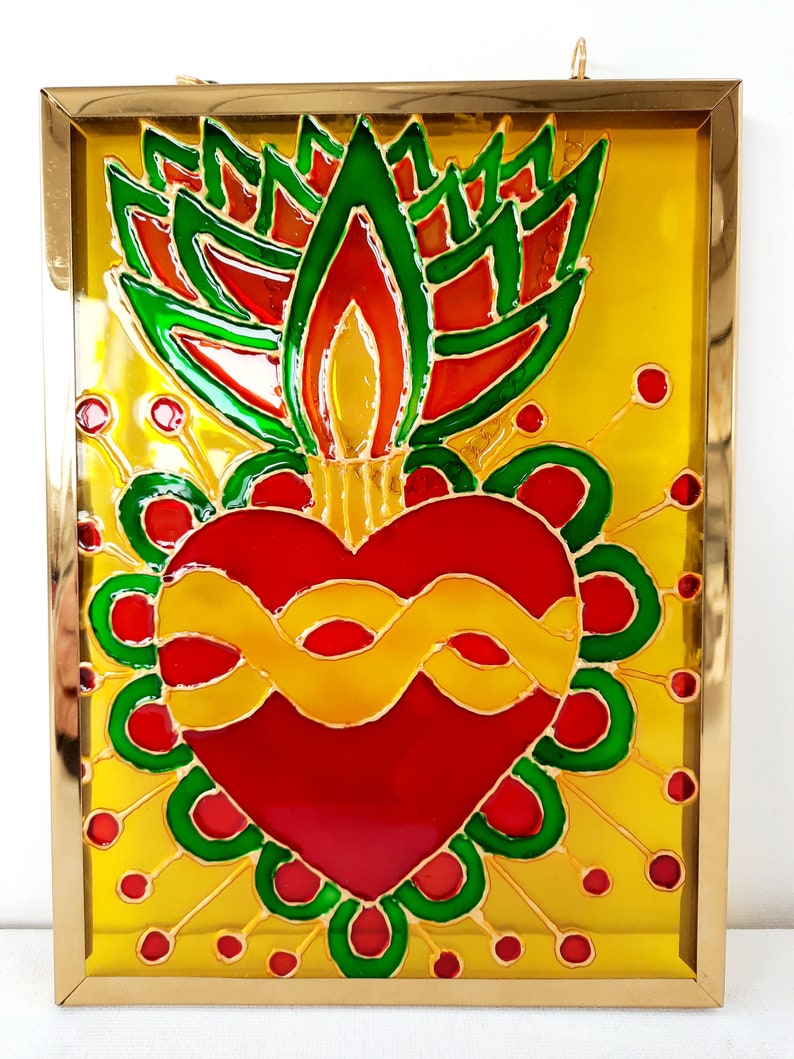 Painting, Mexico, ex-voto, heart, symbol, lucky charm, painting on glass, colored, frame, golden, decoration, handmade image 3