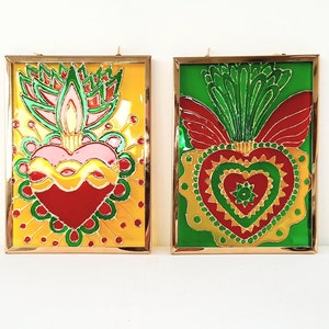 Painting, Mexico, ex-voto, heart, symbol, lucky charm, painting on glass, colored, frame, golden, decoration, handmade image 1