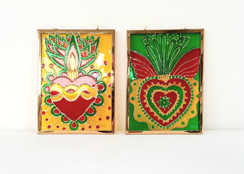 Painting, Mexico, ex-voto, heart, symbol, lucky charm, painting on glass, colored, frame, golden, decoration, handmade image 1