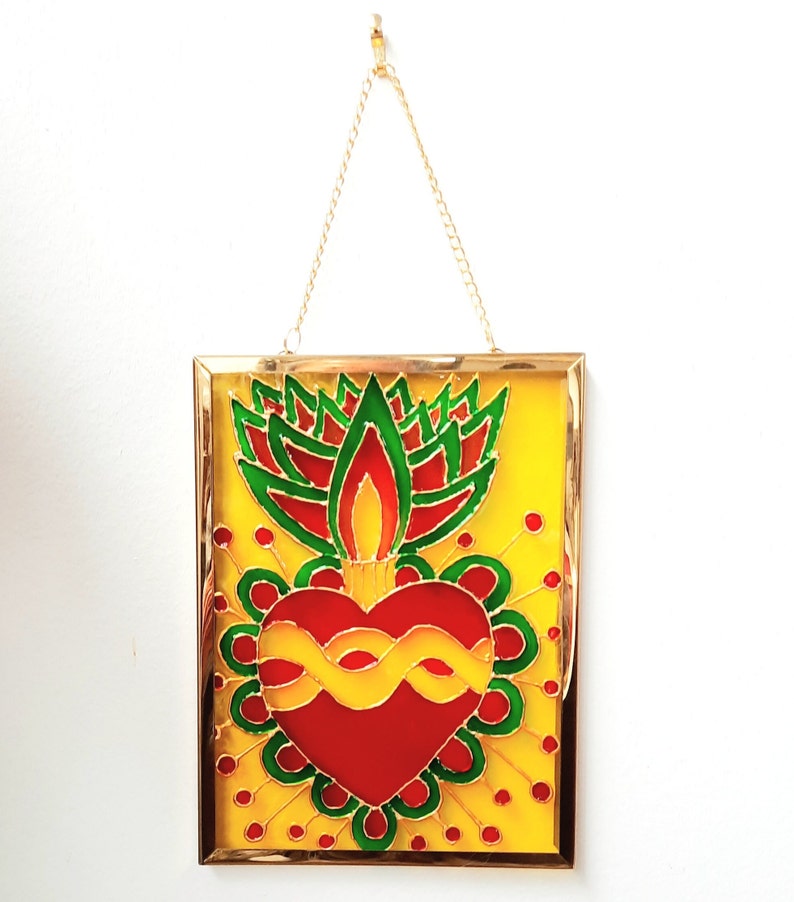 Painting, Mexico, ex-voto, heart, symbol, lucky charm, painting on glass, colored, frame, golden, decoration, handmade ex-voto fond jaune