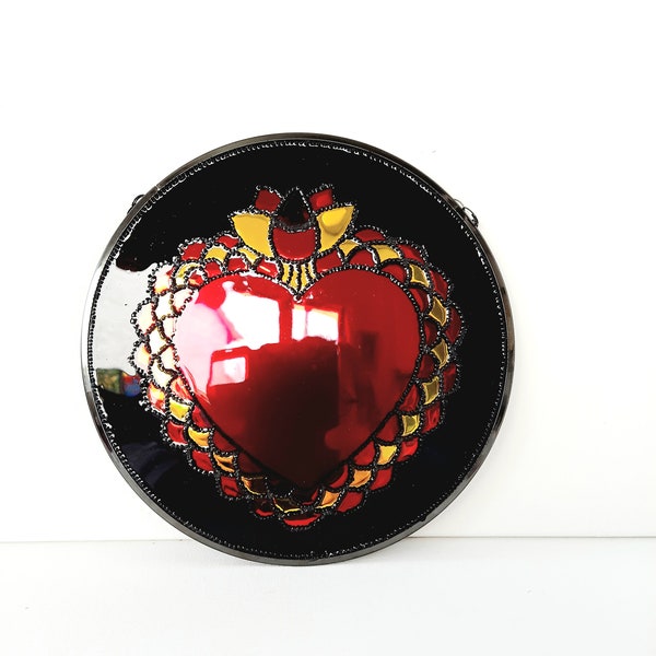 tableau, miroir, Mexique, coeur, symbole, porte-bonheur,  peinture sur verre, croix, noir, jaune, rouge, religion, décoration, fait main