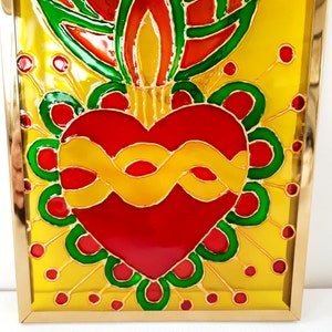 Painting, Mexico, ex-voto, heart, symbol, lucky charm, painting on glass, colored, frame, golden, decoration, handmade image 5