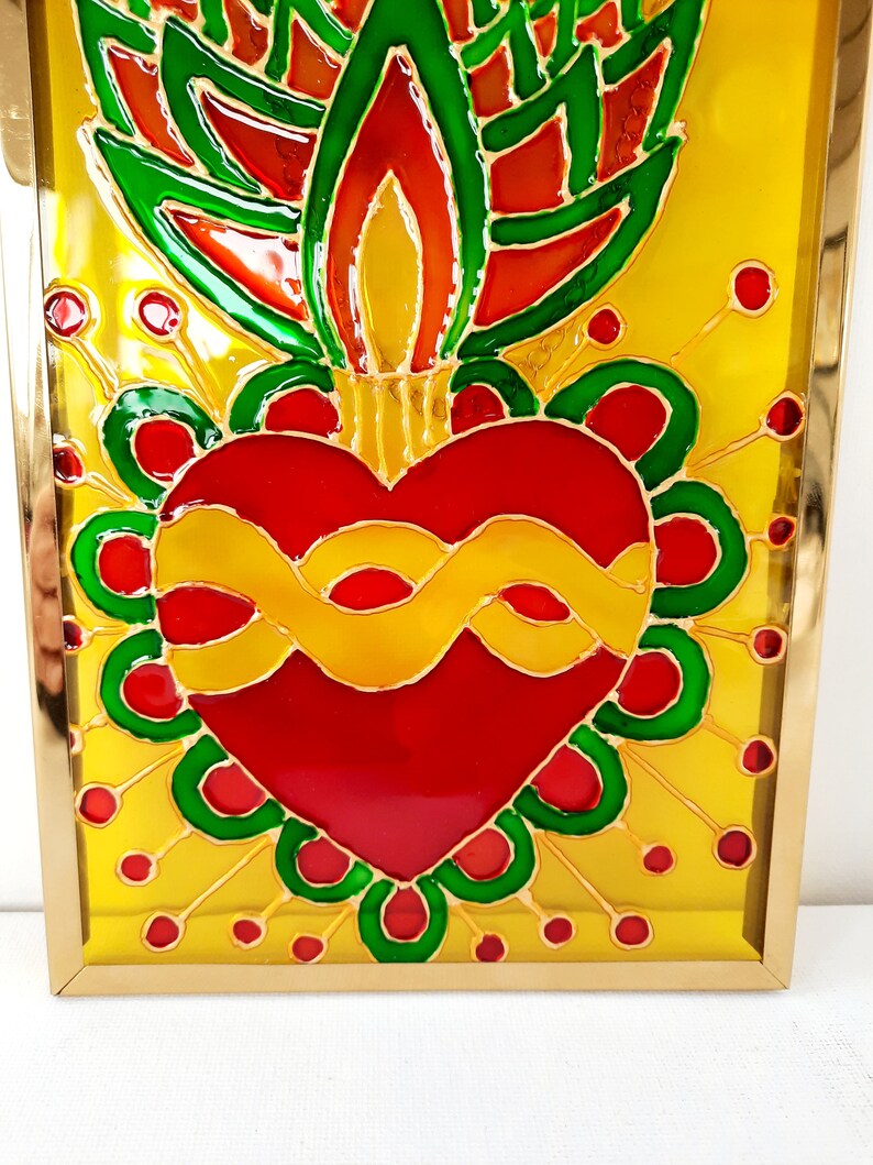 Painting, Mexico, ex-voto, heart, symbol, lucky charm, painting on glass, colored, frame, golden, decoration, handmade image 5